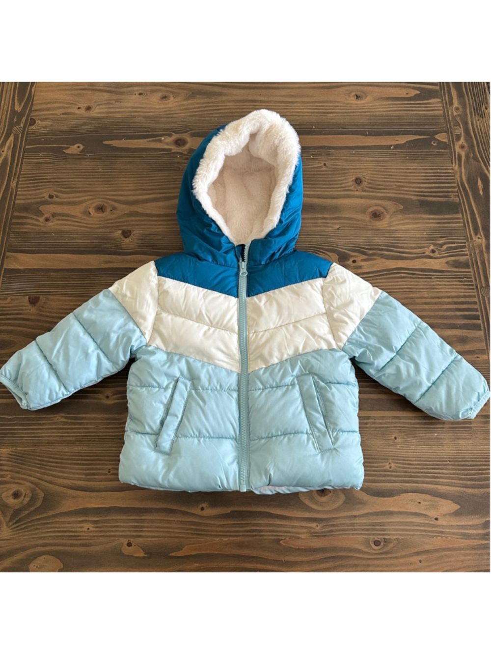 SWISSTECH Baby Puffer Jacket 18M Blue White Faux Fur Winter Coat